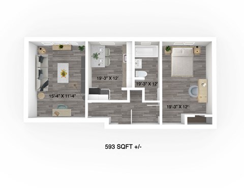 Floor plan for 1 bed, 1 bath, 593 sqft